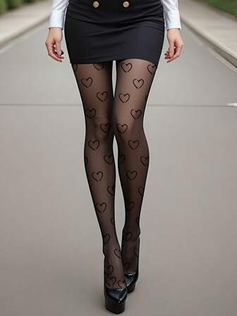 1pc Women Air Heart Printed Super Thin Seamless Tights, Sexy Leg Shaping, Anti-Snag, Cozy