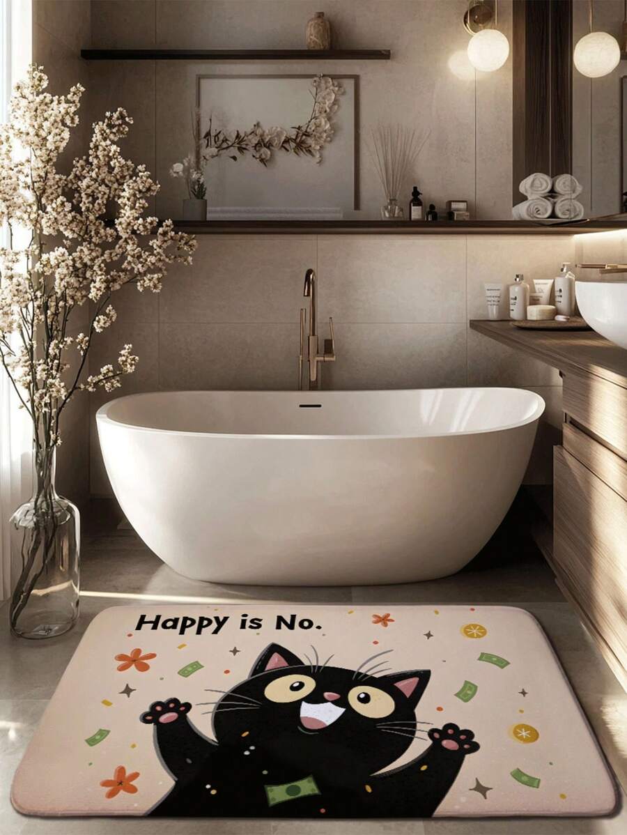 1pc "Happy Is No" & Cartoon Cat Pattern Bathroom Mat, Modern Simple Absorbent Quick-Dry Bath Mat, Dirt-Resistant Easy To Clean Bathroom Floor Mat, Machine Washable Shower Mat, Non-Slip Bathroom Mat, Suitable For Bathroom, Laundry Room, Bathroom Entrance, Sink Area, Shower Room, Party, Holiday, Gift, Banquet Entryway Decor Bathroom Kitchen Decor - Multicolor - View 1
