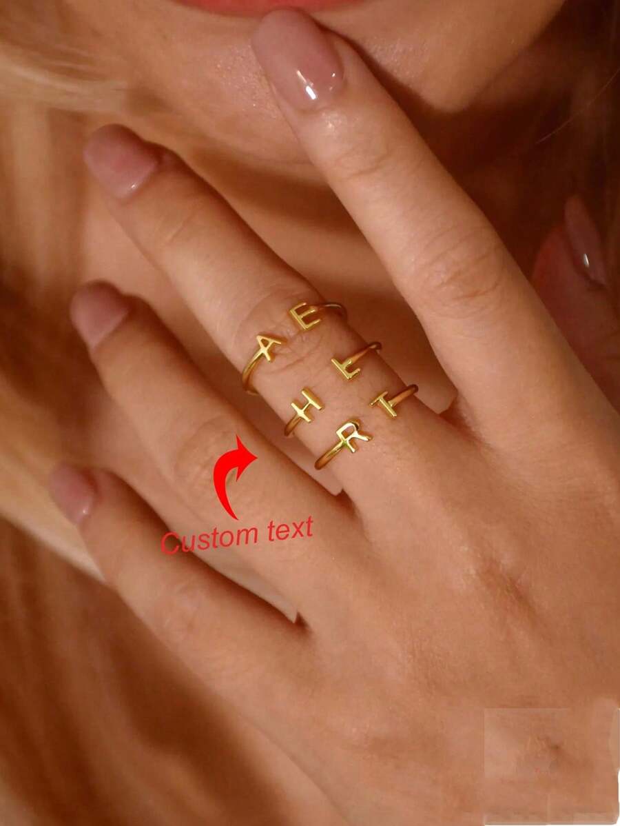 Set de 6 anillos con letra inicial personalizada en diferentes estilos de fuente, anillo de dos letras delicado y personalizado, anillos apilables ajustables para pareja como regalo de aniversario