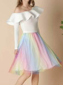 1pc Women Cross-Border A-Line Mesh Skirt, Gradient Color Fairy Style Mid-Length Tulle Skirt Fall Clothes For Women