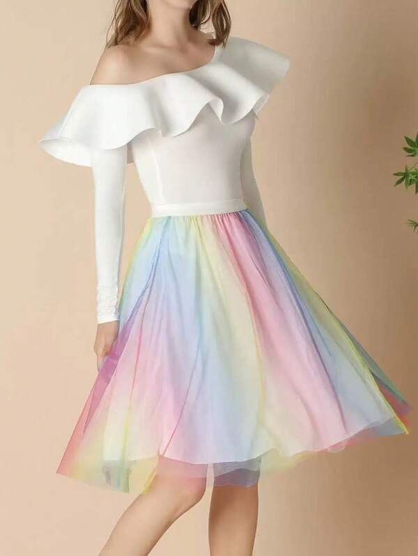 1pc Women Cross-Border A-Line Mesh Skirt, Gradient Color Fairy Style Mid-Length Tulle Skirt Fall Clothes For Women