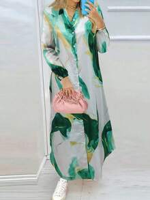 Vacation Style Loose Fit Long Sleeve Dress With Arc Hem - Green - View 3