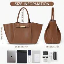 Women's Large Elegant Handbag, PU Leather Shoulder Bag, Simple Tote Bag, Medium Shopper Bag, Multi-Pocket Tote Bag, Hobo Tote Bag For Work, School, Office, Casual - 棕色 - 查看 3