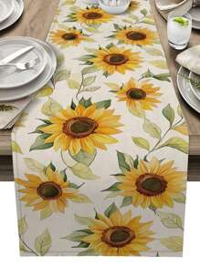 1pc Vintage Sunflower Printed Table Runner, Polyester Floral Home Kitchen Dining Room Decor, Rustic Indoor Outdoor Party Supplies