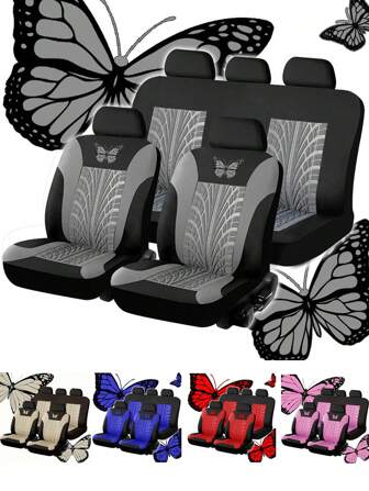 9 PIEZAS 4 PIEZAS Fundas universales para asientos de automóvil con patrón de mariposa bordado, hechas de tela de poliéster, protector de asiento para vehículo para todas las temporadas, lavable a mano, para SUV, sedán, van, compatible con airbag, ajuste universal, forma de neumático, protector de asiento de automóvil.