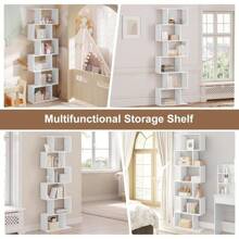 WOLTU Bücherregal mit 6 Ebenen, Regal weiß, Bücherschrank Standregal Aufbewahrungsregal Büroregal Raumteiler, S-förmig, modern, für Wohnzimmer Schlafzimmer Büro, 60x189,5x24 cm, SK044ws - - - Übersicht 6