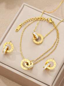 4pcs Stainless Steel Golden Plated Roman Numbers Flower Necklace Bracelet Earring For Women Fashion Crystal Cute Simple Interlocking Circles Jewelry Set - Style 1 - View 2