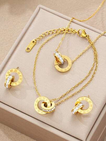 4pcs Stainless Steel Golden Plated Roman Numbers Flower Necklace Bracelet Earring For Women Fashion Crystal Cute Simple Interlocking Circles Jewelry Set