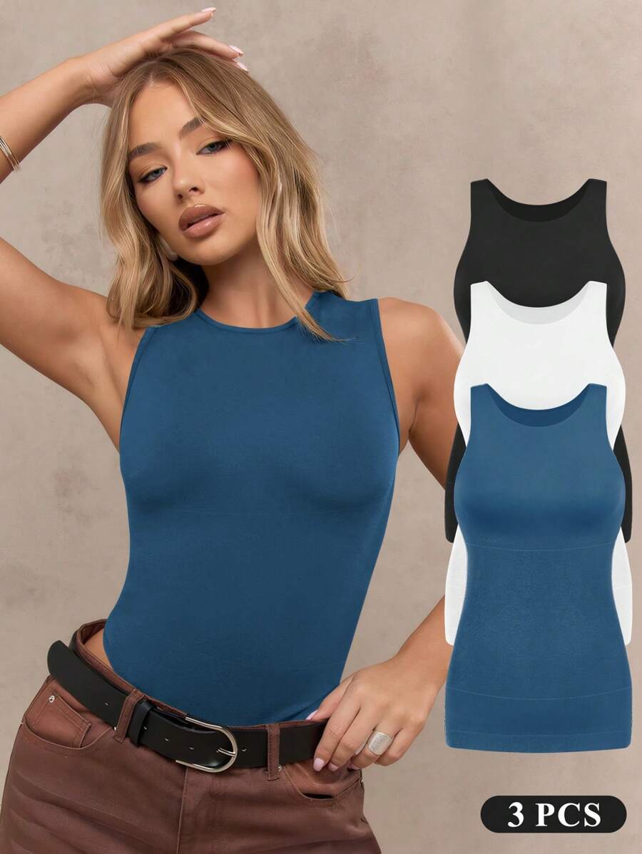 Women Shapewear Tummy Control Tank Tops Seamless Compression Tops Slimming Camisole - 黑色/白色/深藍 - 查看 1