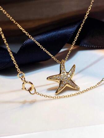 1 buc. Colier cu pandantiv din argint S925, elegant în formă de stea de mare, cu zirconiu, versatil pentru ca femeile să poarte zilnic, potrivit ca cadou pentru sărbători, petreceri și bijuterii