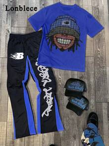 Lonblece 2pcs/Set Brand Element Print Short Sleeve T-Shirt And Bicolor Flared Pants Suit - Multicolor - View 1