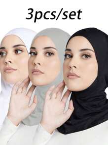 3 件套女士时尚纯色头巾套装包括下巴帽、围巾和头巾，适合日常佩戴 - 12-(1#黑+2#白+11#淺灰) - 查看 2