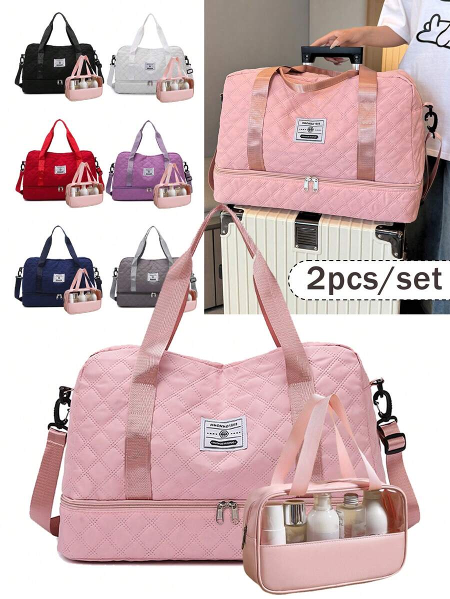 2pcs/Set Lingge Fashionable Short Distance Travel Bag Set, Travel Fitness Bag+Wash Bag, Short-Term Travel Bag, Swimming Yoga Fitness Bag, Multifunctional Multi Pocket Shoe Bag, Oxford Cloth Material, Waterproof Dry Wet Separation Holiday Essentials Holiday Travel Essentials Travel Accessories - Multicolor - View 1