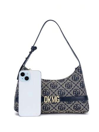 DK DKMG 1 st blått PU-läderbokstav Rombic pläd jacquard tygväska för damer, elegant vintage lättviktslämplig för vardagsbruk och mors dag eller andra julklappar