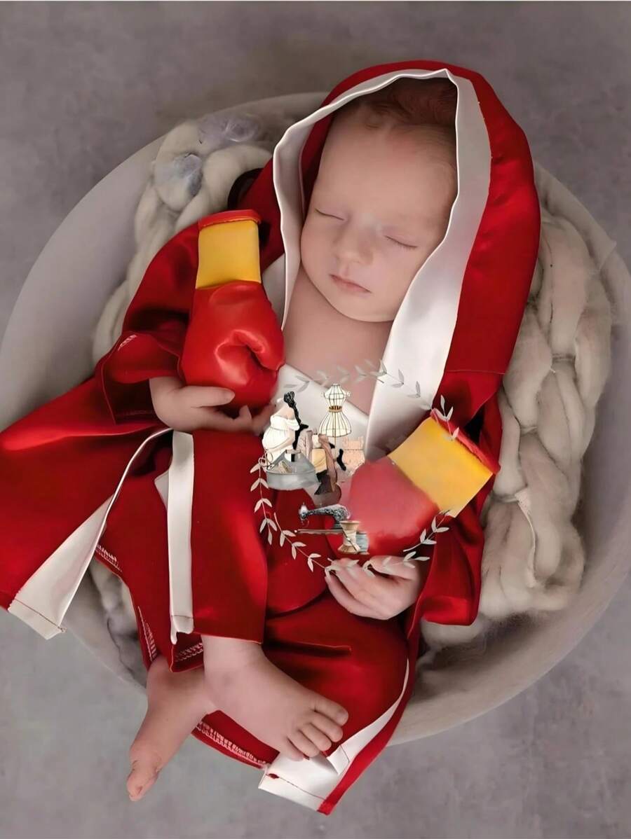 Conjunto de ropas de fotografía de recién nacido con bata de boxeo, guantes y pantalones cortos de boxeador, como trajes de campeón de boxeo - Multicolor - Ver 1
