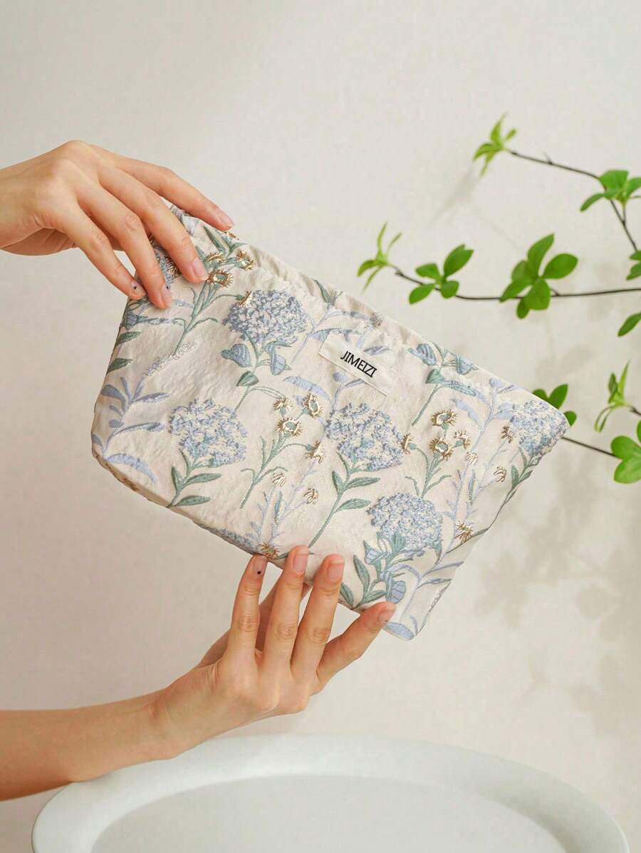 Blue Floral Women's Large Capacity Cosmetic Bag, Travel Portable Toiletry Bag, School Supplies, Travel Essentials, Vacation Essentials, Autumn Beauty Bag, Cosmetic Storage Bag, Cosmetic Bag, Bag, Dressing Table, Cosmetic Bag, Travel Essentials, Travel Essentials, Dressing Accessories, Small Cosmetic Bag, Large Capacity Large Cosmetic Bag, Christmas Gift, Valentine's Day Gift For Female Friends - Blue - View 1