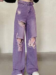 女式休闲宽松破洞阔腿牛仔裤，带口袋（随机缝线）