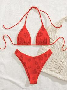 PEPPERMOLLY 新款柔软印花系带露背沙滩泳衣套装，优雅性感女士比基尼，夏季海滩时尚度假装 - 紅色 - 查看 4