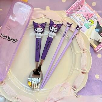 Sanrio Set di stoviglie Sanrio, posate di cartone portatili, set di posate in acciaio inossidabile Sanrio - 2 pezzi di forchetta e cucchiaio