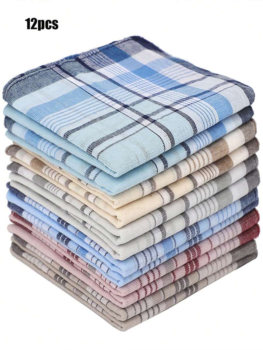 12 件男士手帕 - 柔软优雅的几何格子图案，百搭颜色适合婚礼、舞会、派对、父亲节、圣帕特里克节礼物、所有季节 - 彩色 - 查看 1