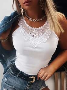 Summer Fashion White Lace Trim Tank Top - White - View 2