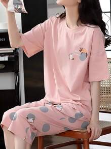 AICJ 2 件套女士和年轻女士休闲可爱卡通猫和字母印花粉色上衣、七分裤/短裤、睡衣套装，适合居家、聚会、度假、春夏 - 淺粉色 - 查看 4