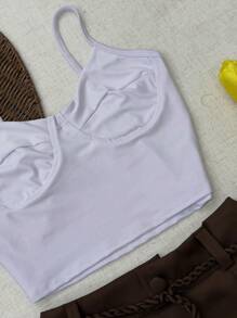 Blusa regata de cropped moda feminina+Short alfaiataria com cinto - Branco e castanho escuro - Visão 3