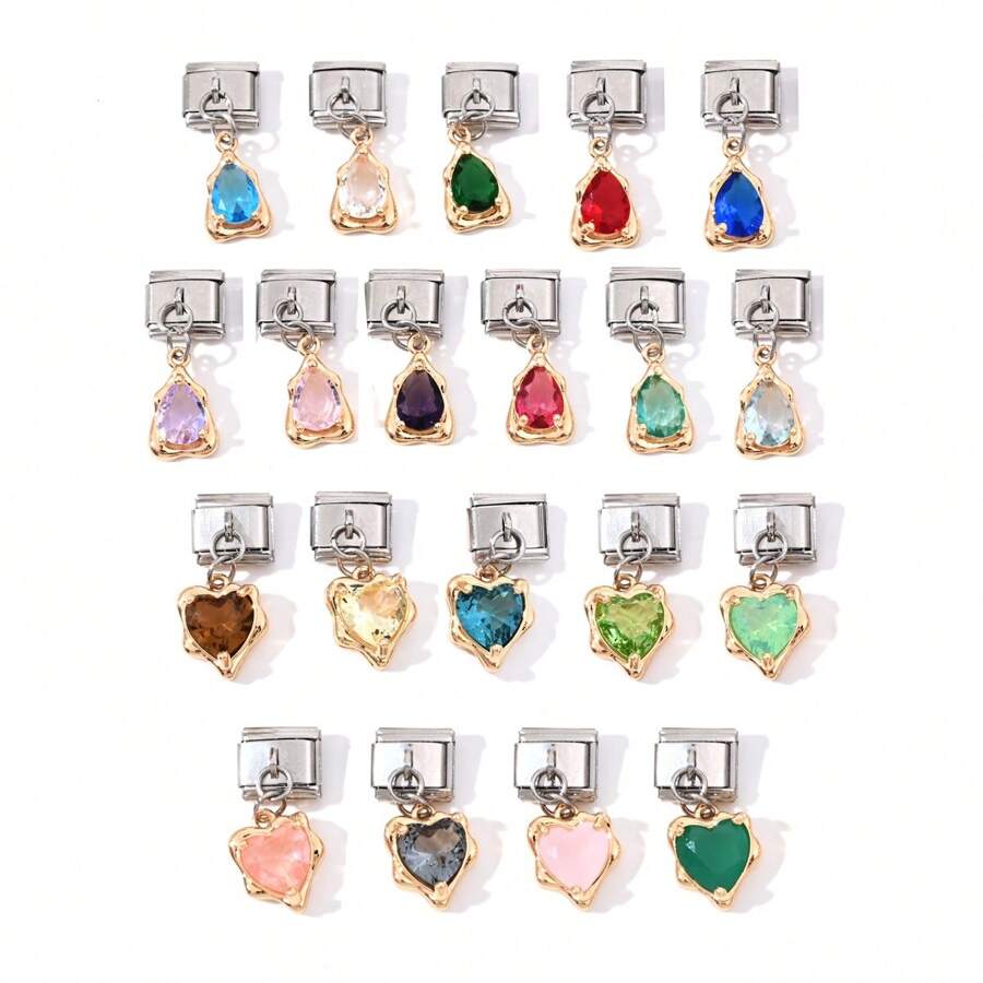 1pc/5pcs/10pcs/15pcs Handmade Stainless Steel Rhinestone Water Drop & Heart Pendant, DIY Jewelry Accessory - Multicolor - View 1