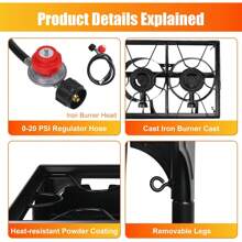 Outdoor Stove 3 Burners High Pressure Propane Gas Camp Stove With Detachable Legs, Perfect For Camping Patio, 225,000-BTU - 黑色 - 查看 6