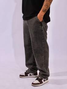 Baggy Flared Jeans Wide Leg Straight Cut - 深色水洗藍 - 查看 4