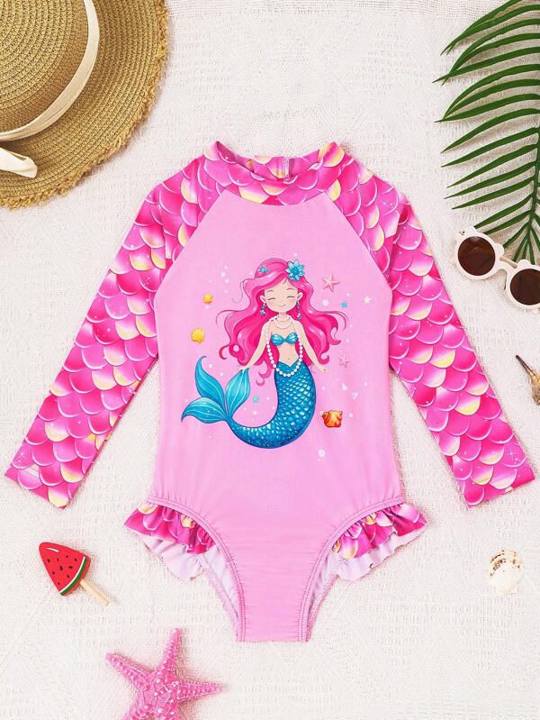 Bañador de una pieza para niñas con cuello redondo, manga larga, cierre y estampado de escamas de sirena