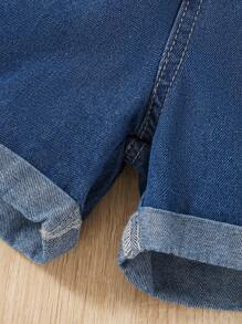 2Pcs Young Girls Cute Floral Ruffle Trim Denim Shorts, Summer Clothes - Multicolor - View 5