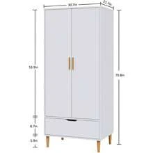 Panana Modern 2 Door Wardrobe Clothes Closet With Wood Leg Wooden Clothes Cabinet Furniture Unit With Hanging Rail Storage Drawer Bedroom White - 1 - View 3