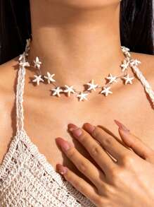 1pc Minimalist Alloy & Resin Synthetic Turquoise Starfish Necklace (Handmade, Random Turquoise Bead Quantity And Pattern, Natural Starfish With Minor Flaws & Dirt)