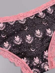 Morvia 10 stuks Sexy Roze Contrasterende Kanten Versieringen Gothic Chic Low-Rise Bikini's, Allover Bugs & Spiders & Skull & Bats & Pumpkins Print, Comfortabele Hipster Slipjes Voor Vrouwen - Halloween Lingerie & Ondergoed
