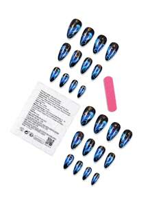 24 件蓝色星空渐变杏仁指甲按压式指甲和 1 个指甲锉条 + 1 片果冻胶指甲用品指甲 - 藍色 - 查看 4