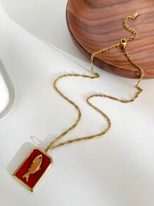 Monlansher 1pc New Stainless Steel Necklace For Women, Fashion Square Plate Embossed Fish Design Handmade Glazed Pendant, Versatile Daily Wear Layered Necklace - Gold - View 12