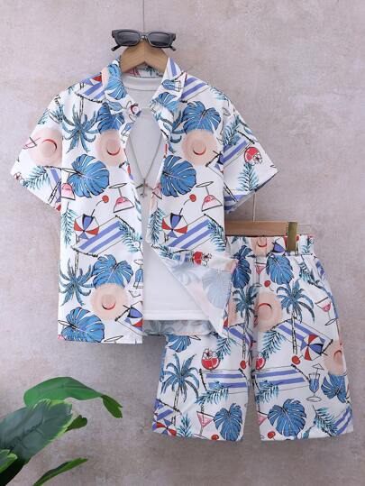 2 Stücke Hawaii-Stil Allover-Muster Hemd & Shorts Lässig Set für Jungen, Sommer