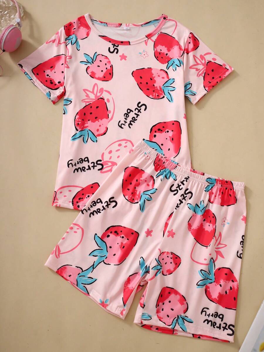 2pcs Cartoon Print Girls Children Sleepwear Set - Pink - View 1
