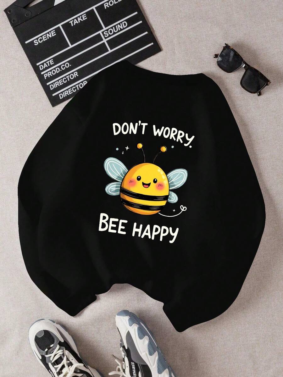 DON T WORRY BEE HAPPY Women's Fashion Sweatshirts - 黑色 - 查看 1