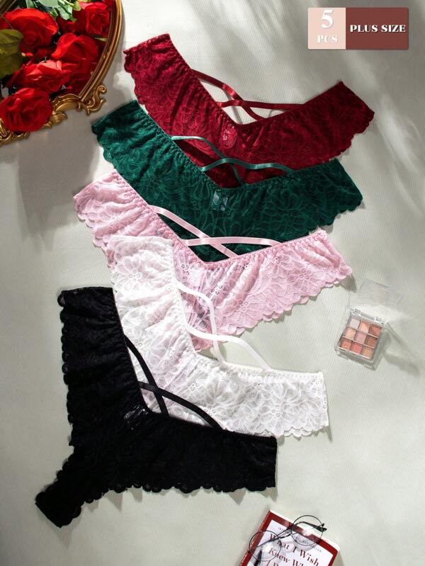 5 Stücke Große Größen Damen elegantes Spitzen-Criss-Cross Slip Set