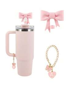 2pcs/Set: 1pc Silicone Bow Straw Topper & 1pc Letter Heart Bow Cup Tag, Fit For 40oz Cup, 10mm Straw Diameter, With Handle Glass Cup, Cute Pink Butterfly Decoration, Back To School Supplies