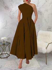 Vestido largo elegante de mujer de unicolor sin mangas con abertura en el bajo