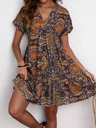 Paisley Print V Neck Dress, Casual Short Sleeve Loose Fit Dress For Spring & Summer;Fall Women Clothes,Summer Dresses For Women,Sun Dresses For Women,European Summer,Summer Dresses For Vacation,Beach Vacation Outfits