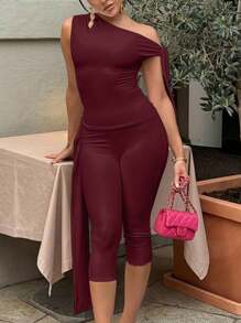 2pcs/Set Women Summer Simple Solid Color Asymmetrical Neck Top And 3/4 Pants - Burgundy - View 4