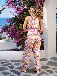 Jumpsuit sexy colorido dama mujer tejido satinado zig zag cuello halter tirante delgado para anudar en cuello corte en cintura bajo a modo de pantalón largo ideal para calor fresco suave día noche primavera verano evento fiesta cocktail playa jardín - Rosa - Ver 2