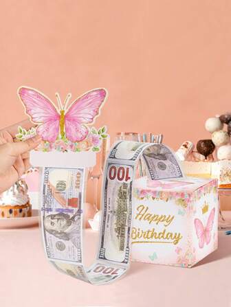 1 套粉色蝴蝶生日钱盒，用于现金礼物，惊喜钱礼盒，配有可拉出的生日快乐贺卡和 30 个透明袋，为您所爱的人赠送金钱礼物的有趣方式，生日派对装饰礼物，惊喜盒