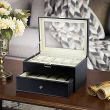 Caja para 20 relojes, estuche para relojes de hombre, almacenamiento de relojes con 2 niveles, caja para relojes de hombre y mujer, bisagra de metal, piel sintética negra, tapa de cristal, soporte grande - Negro - Ver 2