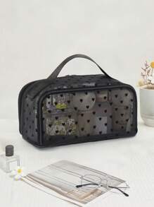 1pc Women Classic Mesh Heart Shaped Cosmetic Bag, Large Capacity Makeup Organizer Bag, Fashion Travel Toiletry Bag Suitable For Work, School & Travel