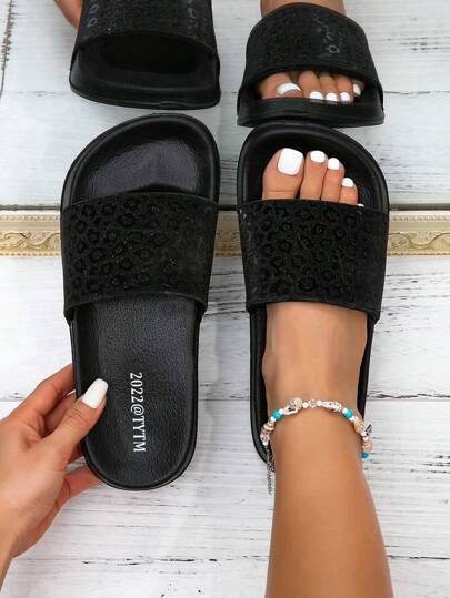 Damen neue glänzende schwarze Schlüpfsandalen, geeignet für Innen-, Außen-, Strandbereich im Frühling/Sommer